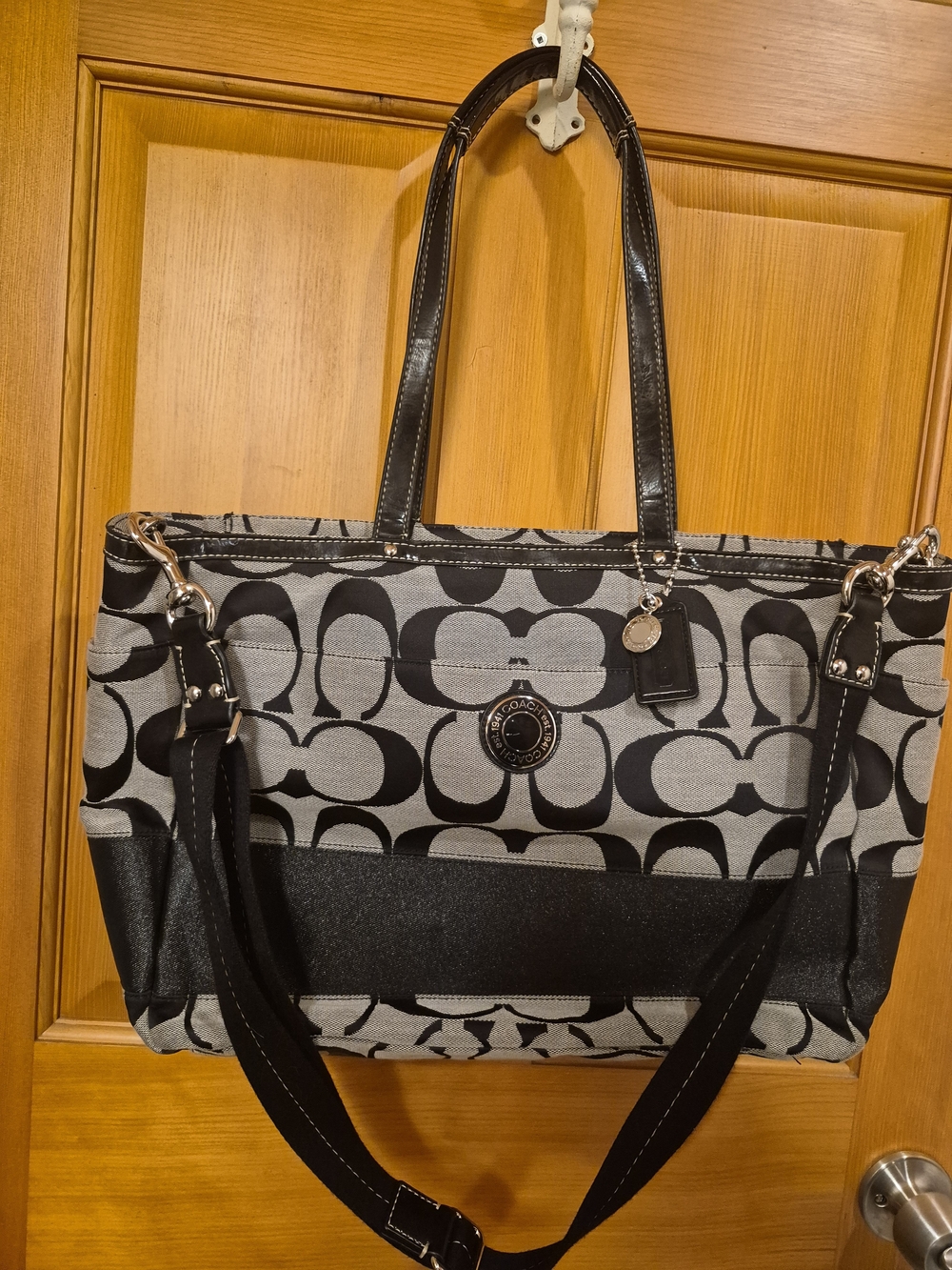 Coach F19202 Signature Stripe Multifunction Tote Travel Bag Black Grey